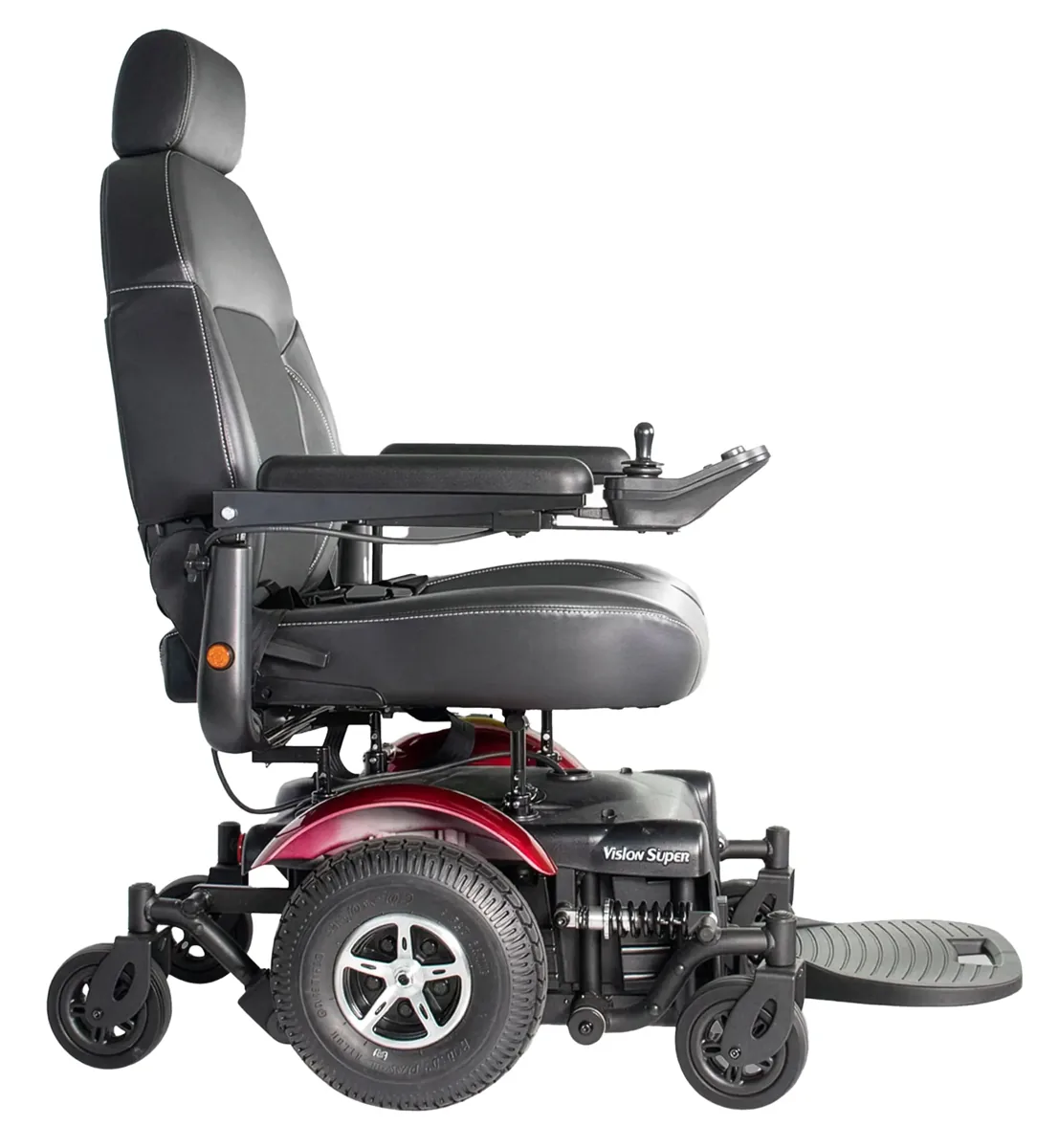 Side view of the Merits Vision Super showing the coil spring suspension and 12 inch drive tire