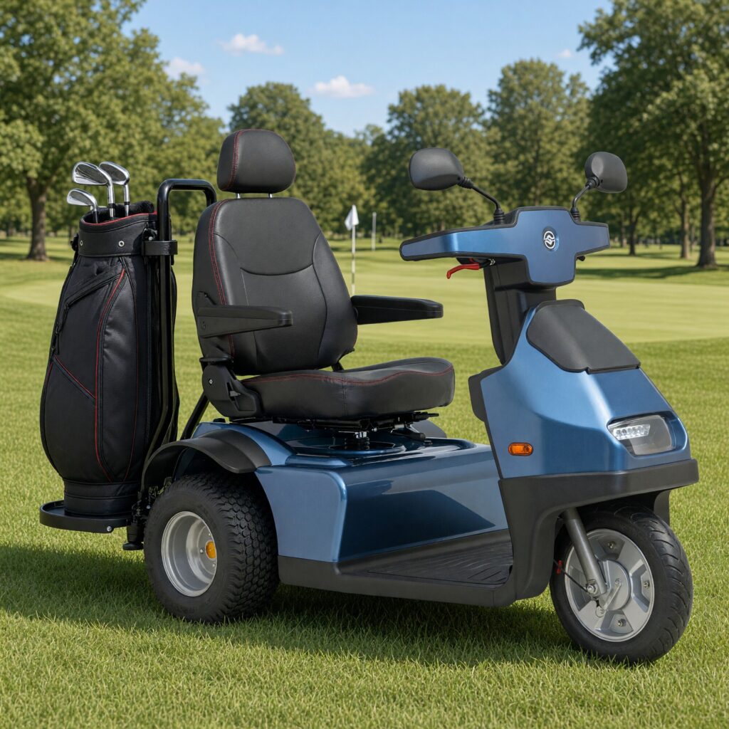 Blue Afiscooter S3 2-in-1 three wheel golf cart mobility scooter with a golf bag in the rear bag holder parked beside a green on a golf course