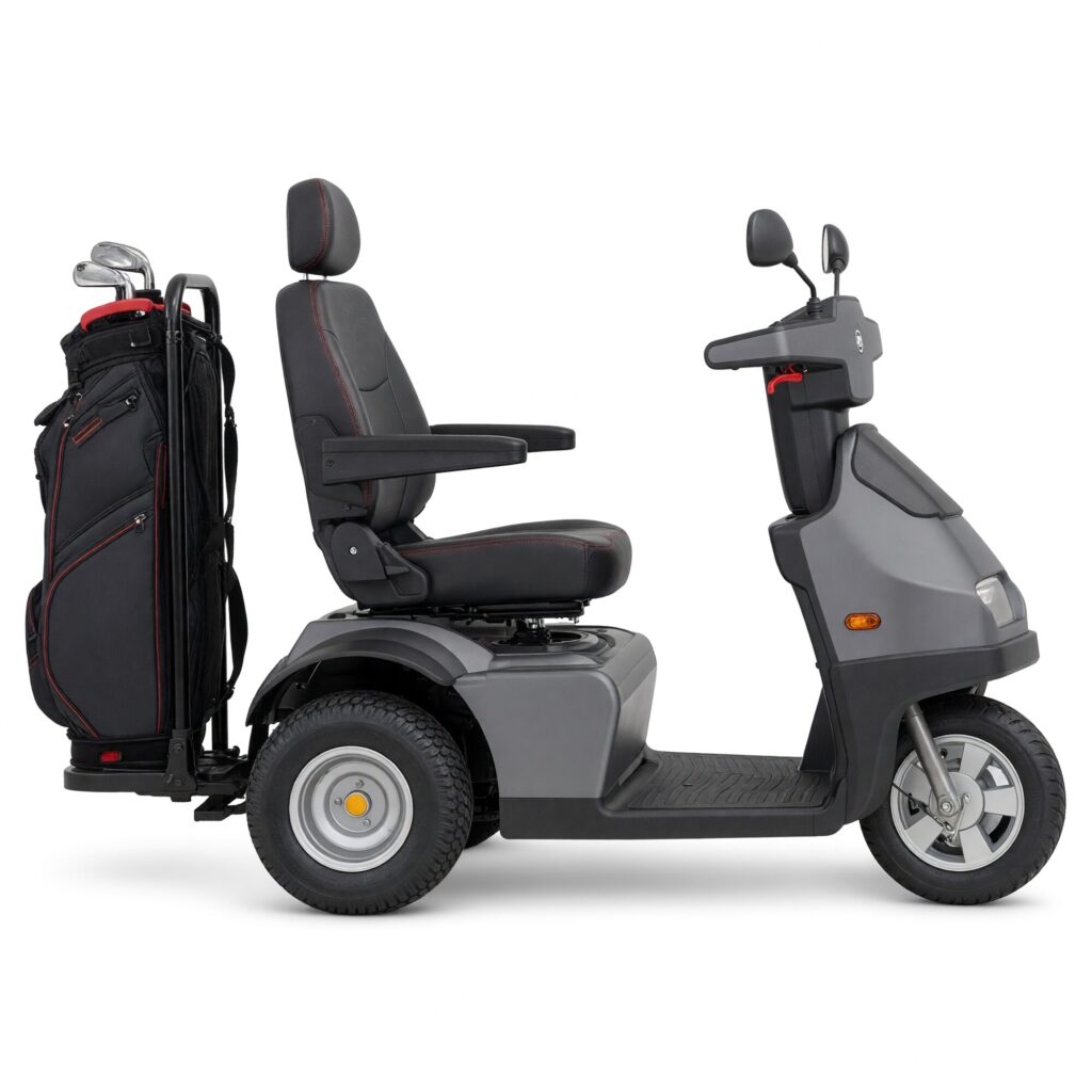Gray Afiscooter S3 2-in-1 three wheel golf cart mobility scooter with extra wide rear golf tires and a golf bag in the rear bag holder, side view