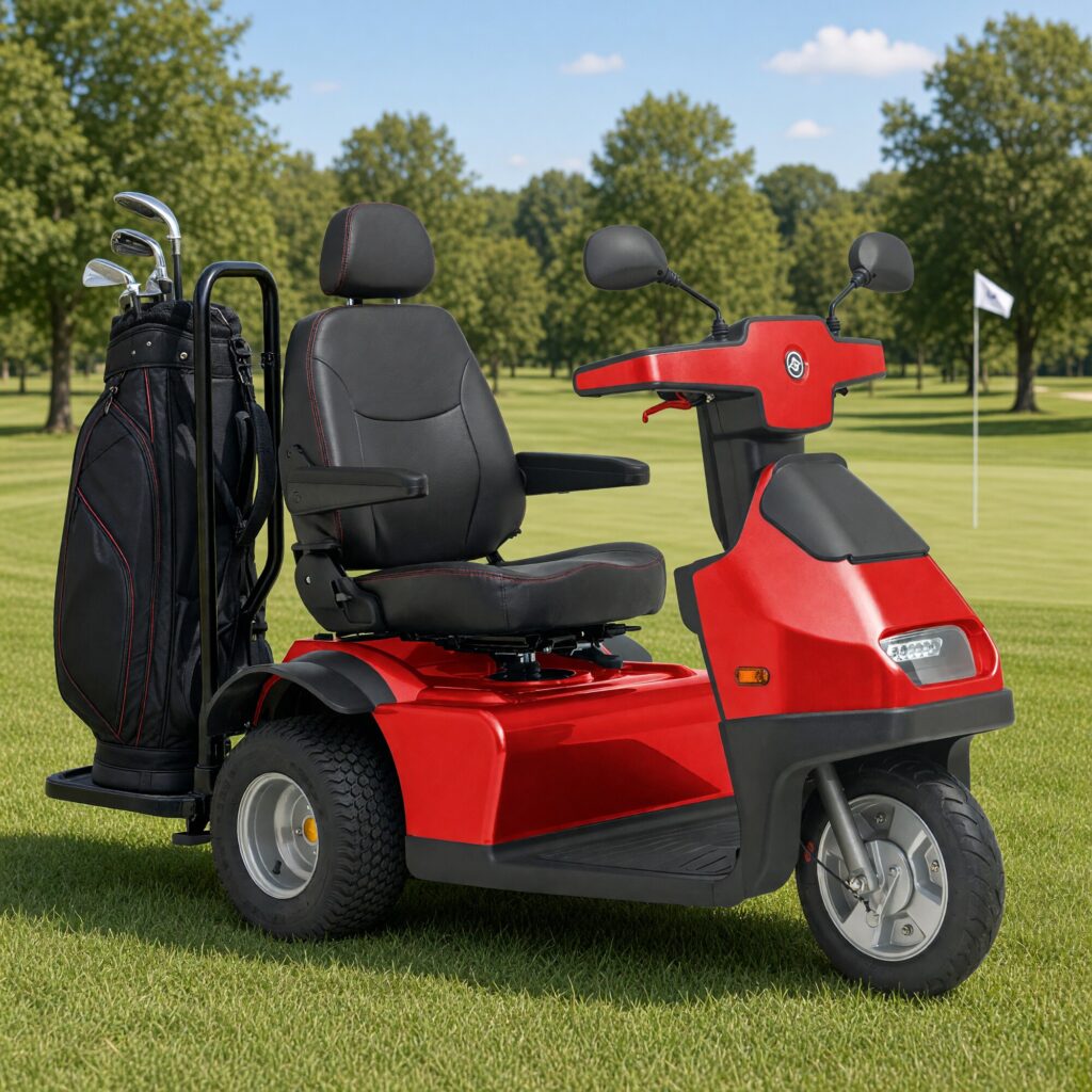 Red Afiscooter S3 2-in-1 three wheel golf cart mobility scooter with a golf bag in the rear bag holder parked beside a green on a golf course