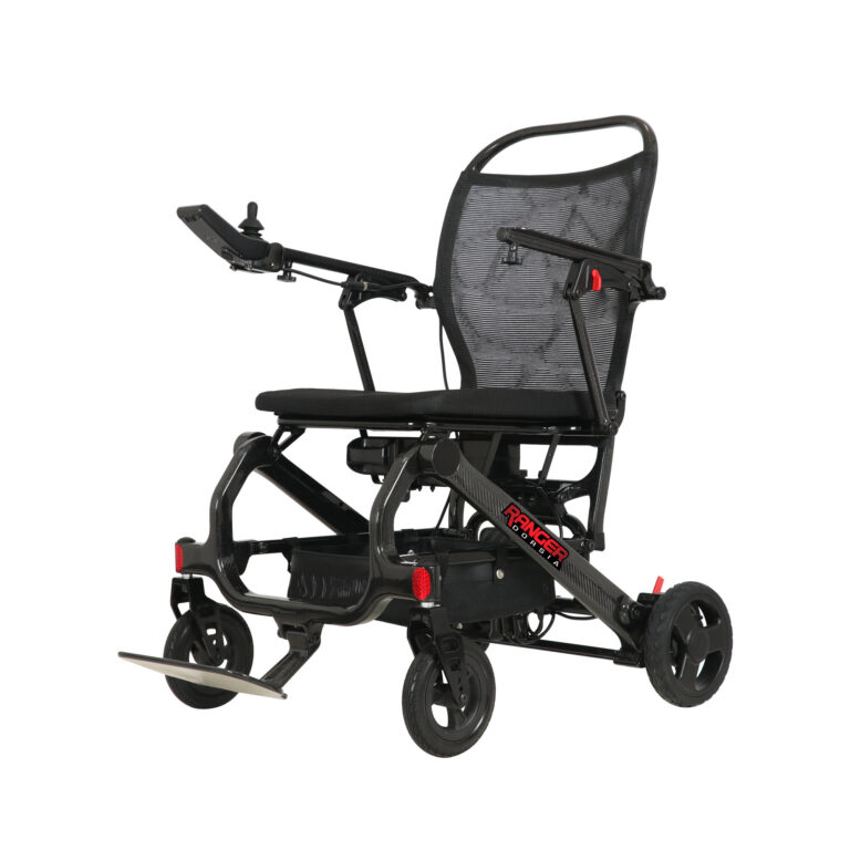 Porto Mobility Ranger Dorsia folding power wheelchair, angled front view