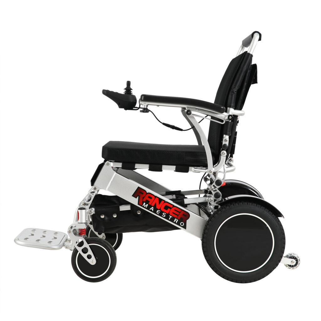 Ranger Maestro folding power wheelchair, left facing side view