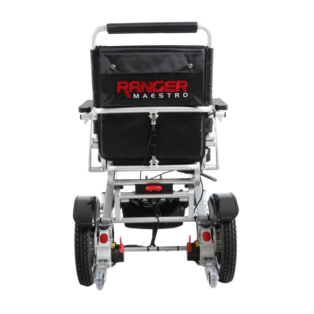 Ranger Maestro reclining folding power wheelchair, straight rear view showing back pocket and push handle