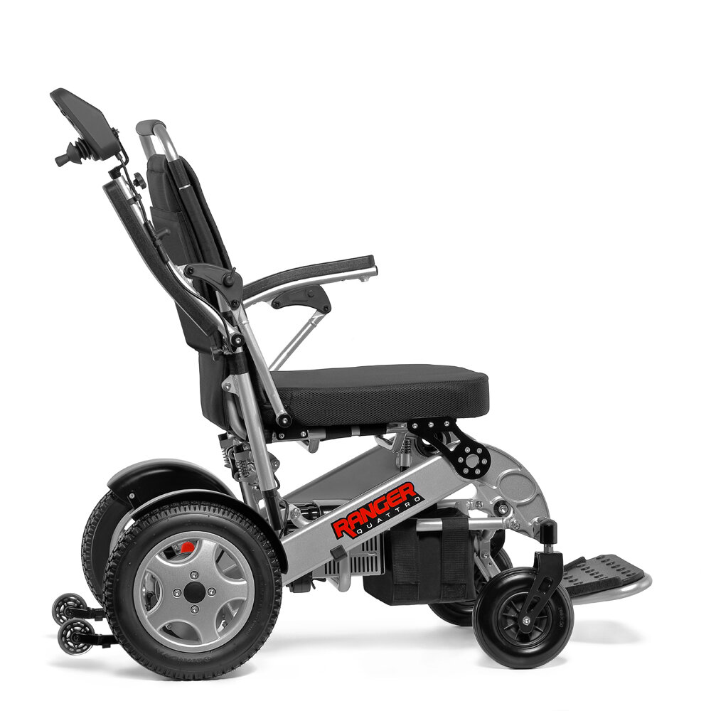 Porto Mobility Ranger Quattro XXL folding power wheelchair, side view with joystick armrest raised