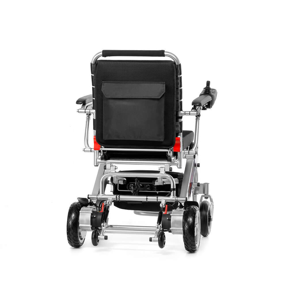 Porto Mobility Ranger Royce folding power wheelchair, rear view showing back pocket and push handle