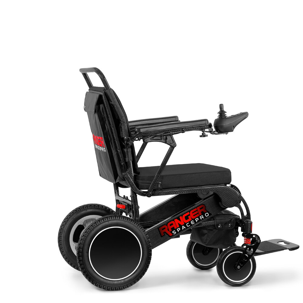 Porto Mobility Ranger SpacePro Recliner reclining folding power wheelchair, side view with upright backrest
