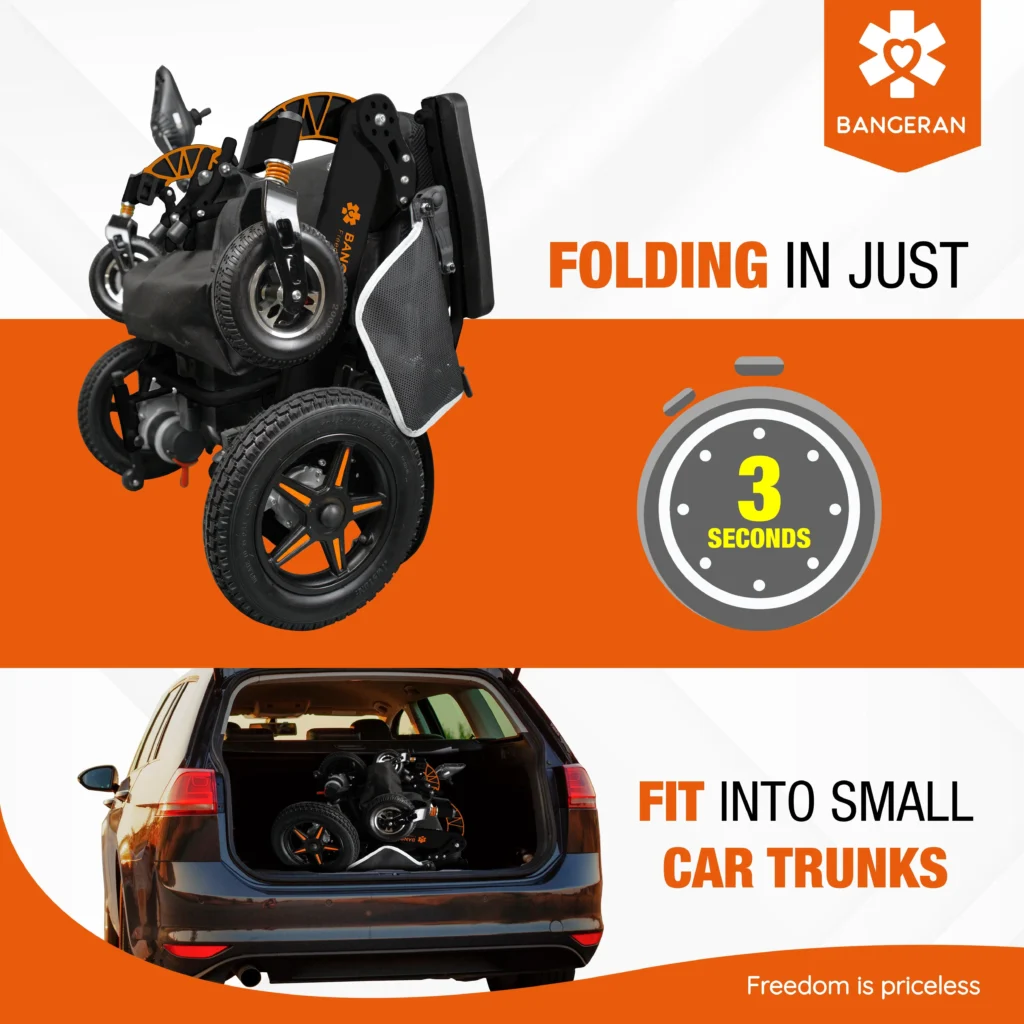 Folding view of Bangeran Mammoth wheelchair showing it can fold in three seconds and fit in small car trunks.