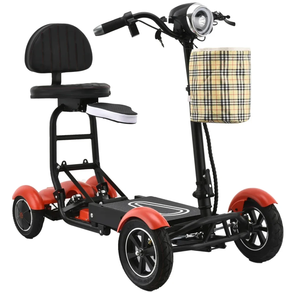 Matte Red Bangeran Dragon Mobile scooter with two seats and plaid front basket – enjoy smooth rides with style.