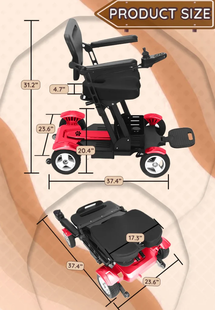 Bangeran Titan Mobility scooter dimensions: 31.2" height, 23.6" width, and 37.4" length, with a compact folding design for easy storage.