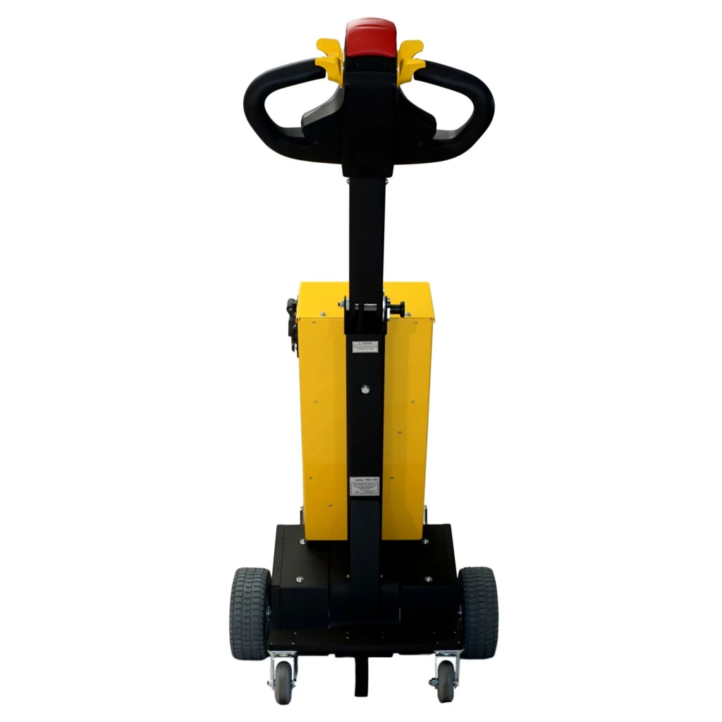 Rear view of pony express 1061 hd electric powered tugger showing ergonomic handle and red safety stop button