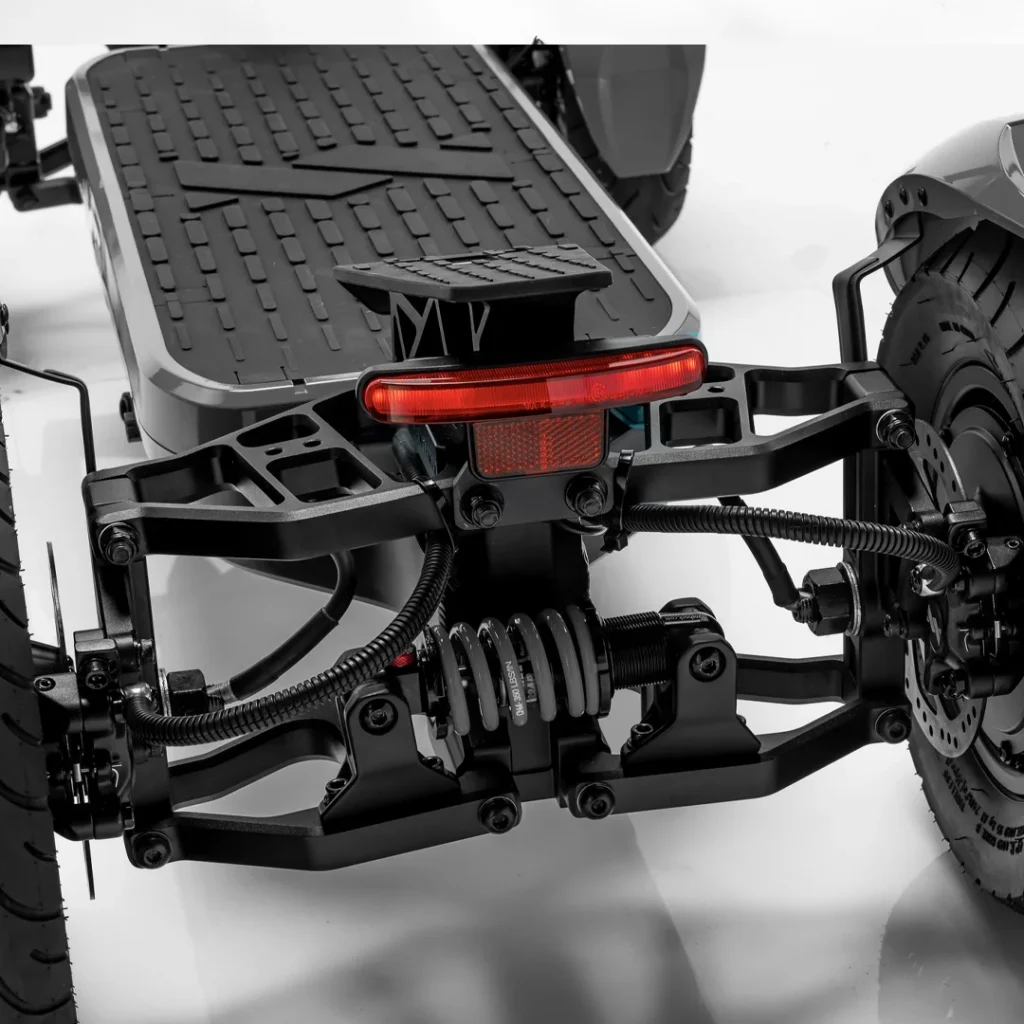 Rear suspension and brake system of MIA SPYQE 2x4 electric scooter designed for smooth stable riding