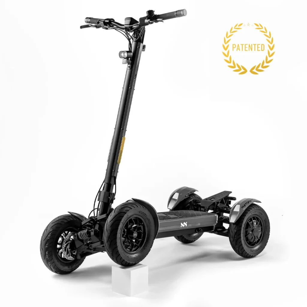 Gray MIA SPYQE 2x4 electric scooter with patented design and four wheel stability built for powerful city riding.