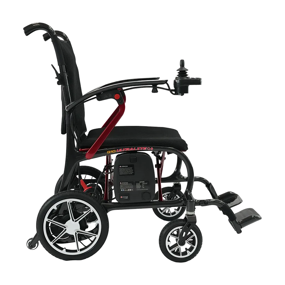 Forcemech Ultralite G10 Lightweight Folding Electric Wheelchair in red shown from the side with strong wheels and a simple footrest.